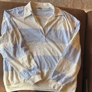 Women's Old Navy Striped Polo-Style Long Sleeve Shirt - Light Blue & Cream